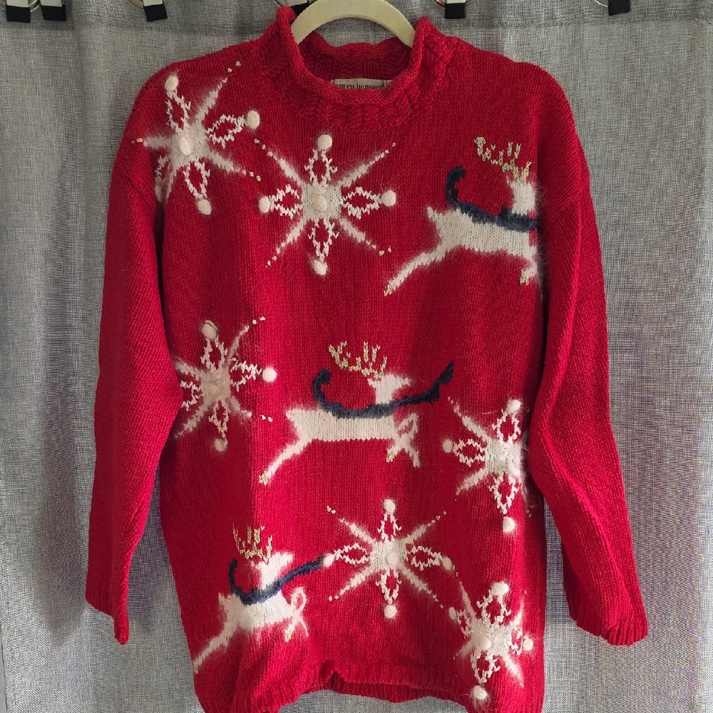 Vintage Lauren Hanswn Holiday Knit Snowflake Reindeer Sweater Red Women's Sz L